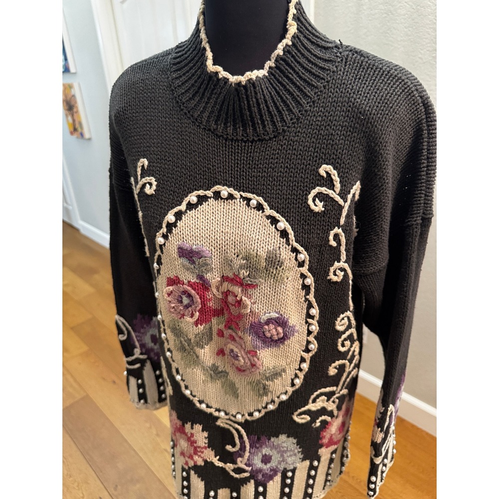Rebecca Stone Floral Pearl Beaded Sweater Womens S Black Excellent Vintage 90s